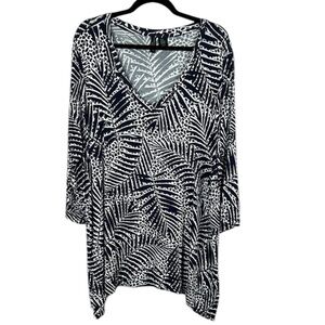 Cynthia Rowley Tropical Long Sleeve Asymmetrical Tunic Top 2X Navy Blue White